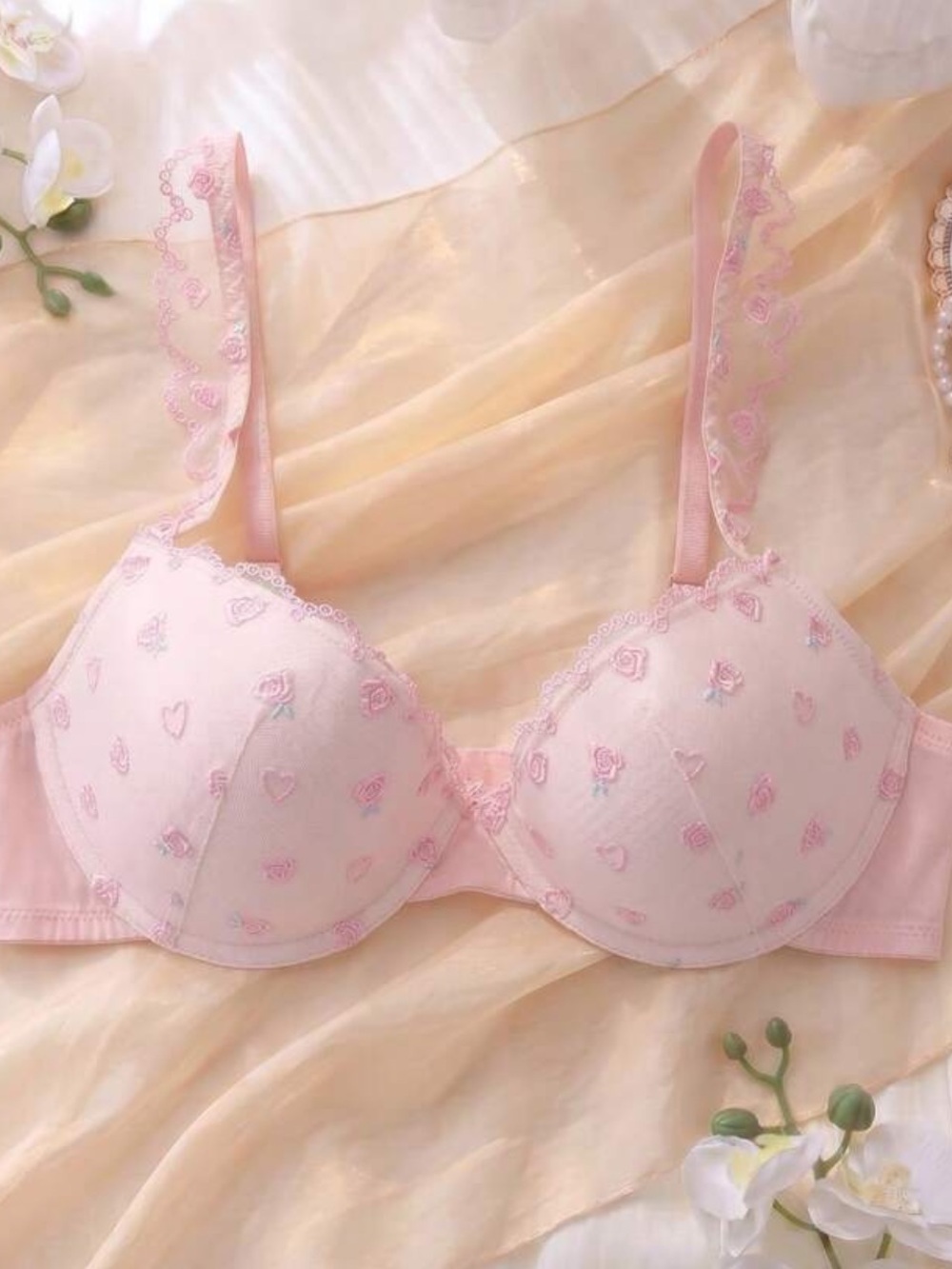 Pink Lace Embroidered Padded Bra